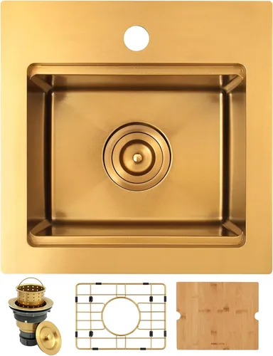 Fregadero de barra de montaje inferior, fregadero de barra dorada de 15 pulgadas, fregadero de cocina de 15 x 15 x 9 pulgadas, fregadero de cocina