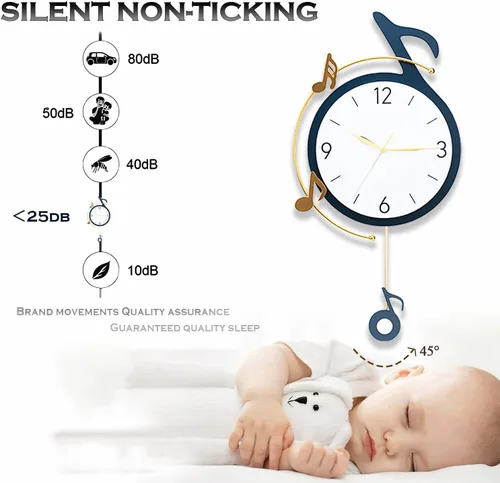 Miniatura 4 de Dankeit Reloj de pared decorativo de cuarzo con péndulo, funciona con pilas, arte de notas musicales para sala de estar, cocina, hogar, baño