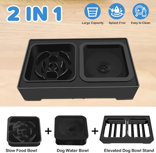Miniatura 7 de 2 en 1 tazones elevados con alimentación lenta para perros, 4 tazones elevados ajustables en altura con soporte para perros con cuenco de agua a