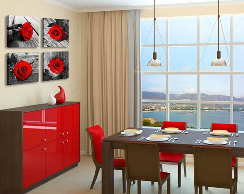 Miniatura 3 de JiazuGo - Decoración de pared para dormitorio con rosas rojas, arte de pared en blanco y negro, flores modernas para parejas, cuadros románticos