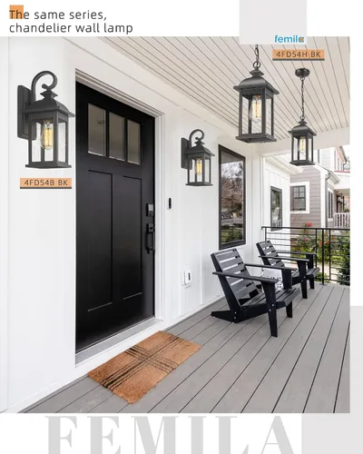Miniatura 2 de FEMILA Aplique de pared exterior, luces colgantes al aire libre para porche, acabado negro mate antioxidante con pantalla de vidrio sembrado