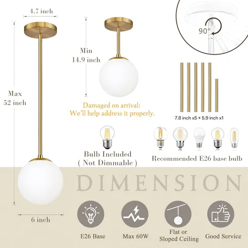 Miniatura 4 de Bagood Lámpara Colgante de Globo de 6" Dorada Lámpara Colgante de Mediados de Siglo Luces Colgantes de Globo para Isla de Cocina Acabado en Latón