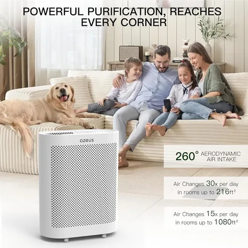 Azeus FS32 True HEPA Purificador de aire para habitaciones grandes, blanco, alto CADR 400 m³/h, eliminación de caspa de mascotas de polvo de humo,