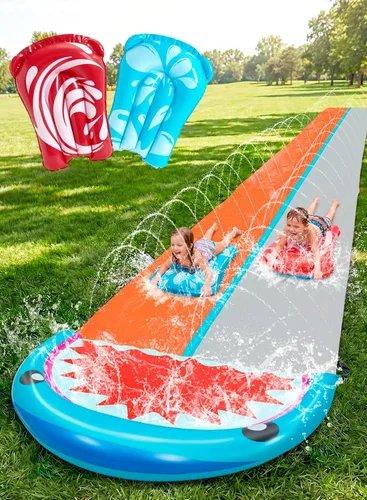 Sloosh Toboganes acuáticos con 2 tablas inflables, tobogán de agua de doble carril de 22.5 pies con rociadores avanzados, juguete de verano para