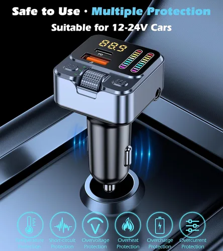 Miniatura 6 de Adaptador Bluetooth 5.3 para automóvil con transmisor FM y carga rápida PD de 42 W, receptor de música inalámbrico AUX/USB, llamadas manos libres