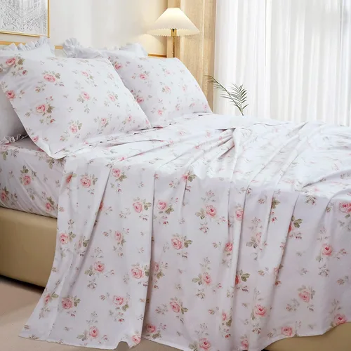 Miniatura 2 de QSH Juego de sábanas florales tamaño Queen - Vintage chic desgastado, flores de rosa, 100% algodón, ropa de cama estampada, sábanas tamaño Queen