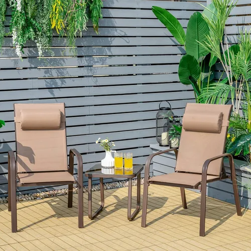 Tangkula Juego de bistró para exteriores, 3 sillas reclinables apilables para patio con respaldo ajustable y plegable, reposacabezas extraíbles y
