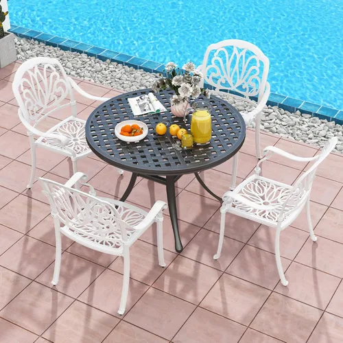 Miniatura 5 de Tangkula Juego de 2 sillas de comedor de aluminio fundido para patio, sillas de comedor apilables al aire libre con reposabrazos, sillas de bistró