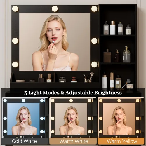 Miniatura 4 de Wodeer Pequeño escritorio de maquillaje con espejo y luces, tocador con armario de cristal, luces LED y toma de corriente, cajón y gabinetes