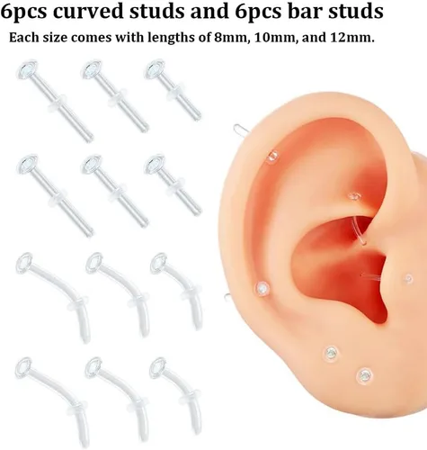 Miniatura 2 de 12pcs Glass Piercing Retainers Set for Work/Surgery/Sports, 18g 16g 14g Curved Clear Nose Studs for Cartilage Tragus Conch Daith Helix Lip Nose