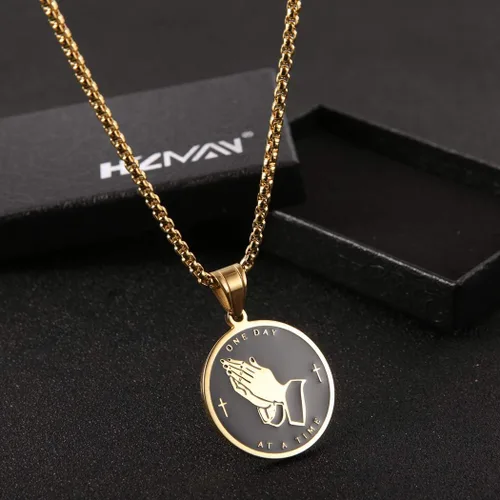 Miniatura 3 de HZMAN Bible Verse Prayer Necklace Christian Jewelry Gold Stainless Steel Praying Hands Coin Medal Pendant