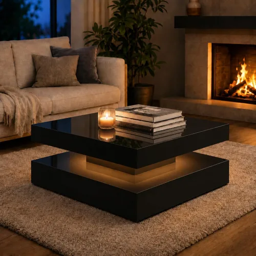 Miniatura 4 de Mesa auxiliar LED para sala de estar, mesa central cuadrada moderna de 2 niveles con luces de sincronización de música, superficie de alto brillo