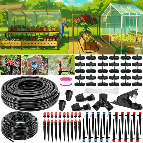 Miniatura 8 de Sistema de riego por goteo, kit de riego por goteo de 100 pies para jardín, tubo principal de 50 pies y rama de 50 pies, boquillas ajustables