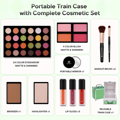 Miniatura 4 de Color Nymph Kit de maquillaje para principiantes para adolescentes con estuche de tren pequeño para cosméticos incluido, paleta de 24 sombras