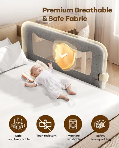 Miniatura 5 de Barandilla de cama plegable para niños pequeños, estructura reforzada de acero al carbono de 47 pulgadas y conectores, tela catiónica transpirable