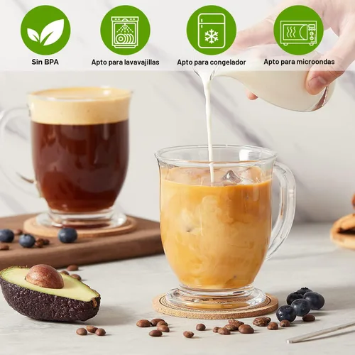 Miniatura 4 de Mfacoy Juego de 4 tazas de café de vidrio, taza de café grande transparente de 15 onzas con asas para bebidas calientes, tazas transparentes