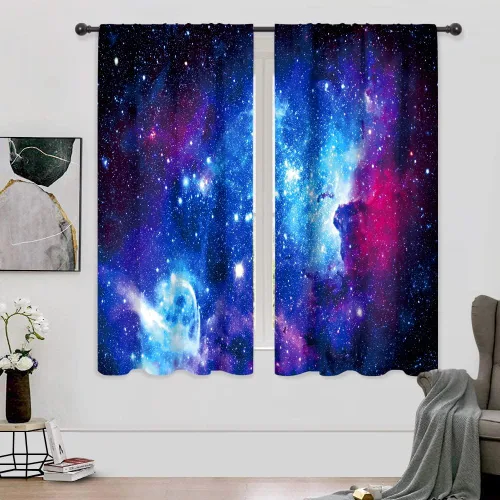 Miniatura 5 de Riyidecor Cortinas y Drapes Galaxia Espacio Nebulosa Cortinas de Cocina (2 Paneles 29.5 x 63 Pulgadas) Azul Bolsillo para Varilla Universo Planetas