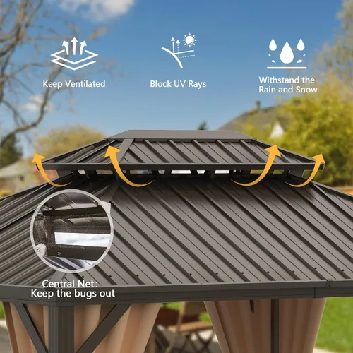 Miniatura 3 de Domi - Cenador de techo rígido de 8 x 8 pies con malla y cortinas, cenador para exteriores con techo doble de acero galvanizado para patio, césped