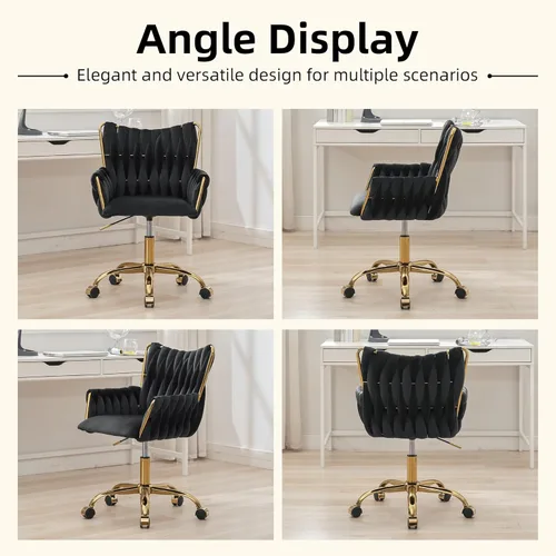 Miniatura 8 de ABET Silla de Escritorio de Terciopelo con Ruedas, Linda Silla de Oficina Giratoria Tapizada, Moderno Sillón Rodante Dorado Tejido a Mano con Altura