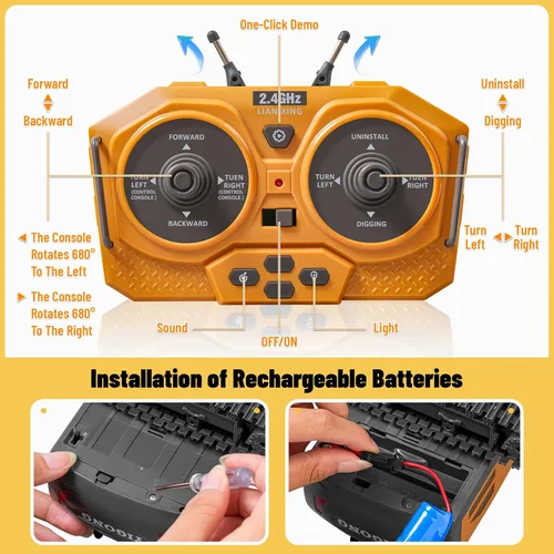 Miniatura 6 de Excavadora de juguete a control remoto, excavadora de construcción RC de 11 canales con pala de metal, luces y sonidos, excavadora todoterreno