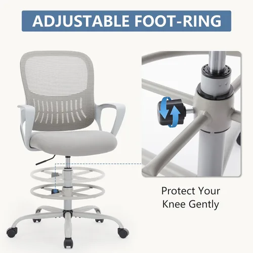 Miniatura 8 de DUMOS Silla de Dibujo - Silla de Oficina Ergonómica y Alta para Escritorio de Pie, Mostrador con Altura Ajustable y Cómodo Soporte Lumbar, Gris