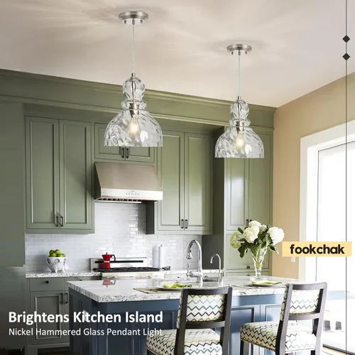 Miniatura 8 de Lámpara colgante de níquel cepillado para isla de cocina de cristal martillado, lámpara colgante de isla de 10 pulgadas, modernas luces colgantes