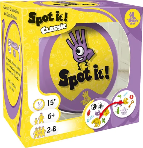 Miniatura 7 de Asmodee Spot It! Juego de cartas clásico (actualización 2024) - Edición con funda ecológica, juego de percepción visual 5 en 1 para reflejos rápidos