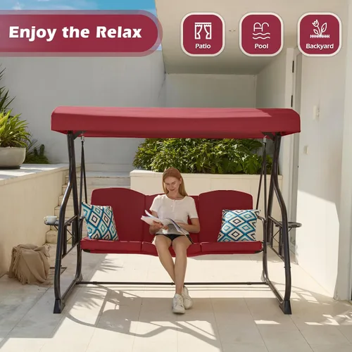 Miniatura 6 de ZZW - Columpio de porche para patio con 3 asientos, 800LBS, columpio al aire libre con soporte, toldo y respaldo ajustable, silla columpio