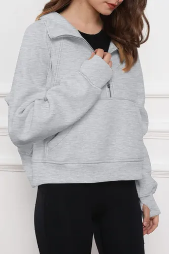 Miniatura 3 de Trendy Queen Sudadera corta con cremallera media para mujer, sudadera con capucha de forro polar con cremallera de un cuarto, suéter de invierno