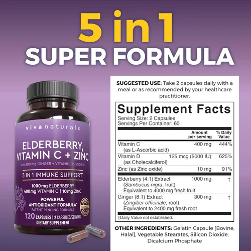 Miniatura 2 de Viva Naturals Saúco con vitamina C y zinc para adultos - 5 en 1 Cápsulas de saúco negro Sambucus con vitamina D3 5000 UI Suplemento de inmunidad