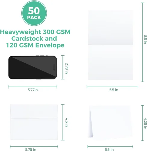 Miniatura 2 de Ohuhu Paquete de 50 tarjetas y sobres blancos en blanco, cartulina plegada pesada de 4.25 x 5.5 pulgadas y sobres A2 para tarjetas de felicitación