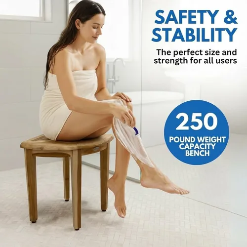 Miniatura 2 de EcoDecors SnazzyCorner - Banco de ducha impermeable de madera de teca para el interior, proporciona seguridad, almacenamiento y organización