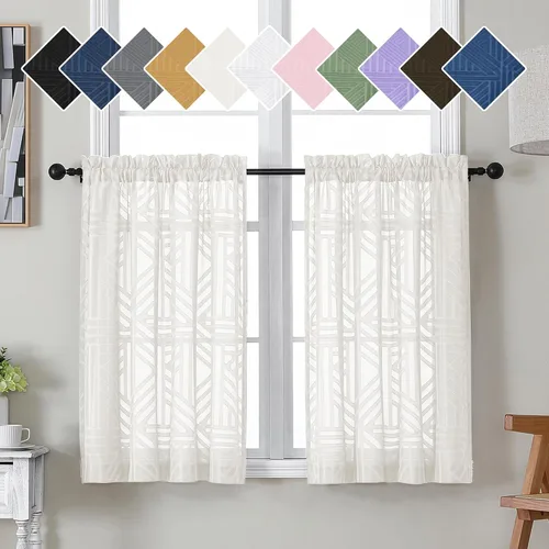 Miniatura 63 de Simplebrand Cortinas traslúcidas negras de cocina de 24 pulgadas de largo, 2 paneles, filtrado de luz, geométrico jacquard con textura, cortinas