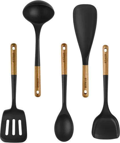 STAUB Juego de utensilios de cocina de silicona con mango de madera de 5 piezas Negro mate
