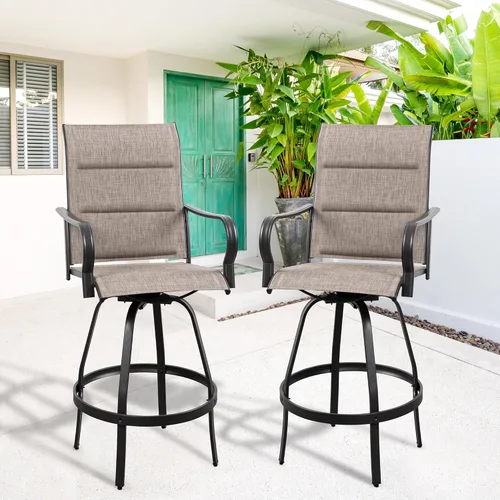Miniatura 2 de Vongrasig Juego de 2 Sillas Giratorias de Bar para Patio Exterior, Taburetes de Bar Altos con Textil Tipo Sling Acolchado Resistente a Todo Clima