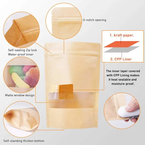Miniatura 3 de Bolsas de papel kraft de pie 100 unidades, bolsas resellables marrones con ventana para el hogar o negocios, café, bolsas de almacenamiento