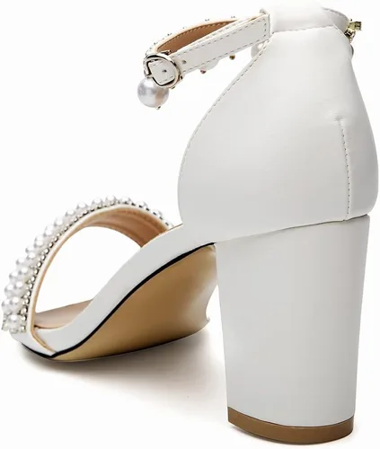 Miniatura 3 de Zapatos de novia para mujer, con puntera abierta, cómodos, tacón medio de bloque, correa al tobillo, sandalias de tacón con cadena de perlas