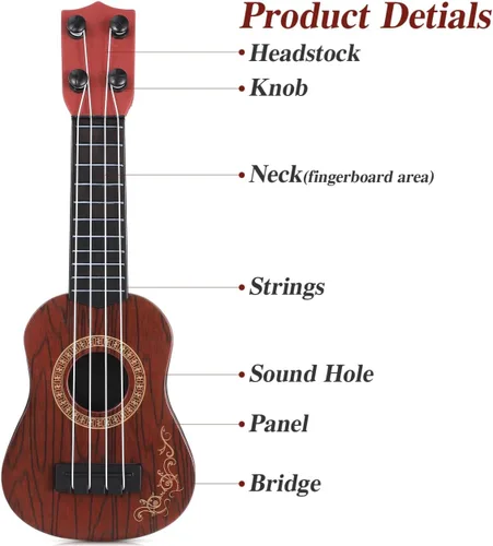 Miniatura 6 de Toddmomy Ukelele de juguete para niños de 4 cuerdas, mini instrumento de guitarra musical para niños pequeños, principiantes, aprendizaje y Marrón