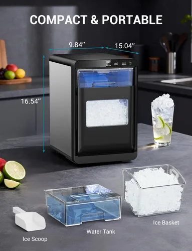 Miniatura 6 de Encimera de hielo de pepita de 44 libras, máquina de hielo de guijarros, fabricación de hielo rápida de 5 a 10 minutos, autolimpieza, portátil