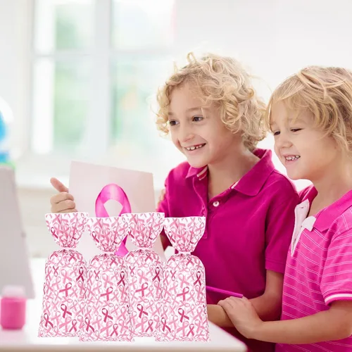 Miniatura 5 de Whaline 150 bolsas de regalo de celofán para concientización sobre el cáncer de mama con 200 lazos torcidos, bolsas de regalo de cinta rosa, bolsas