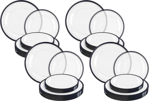 Miniatura 7 de Blue Sky Contrast Collection - Juego de platos combinados transparentes con borde negro, (7 pulgadas, 16 unidades y 10 pulgadas, 16 unidades)