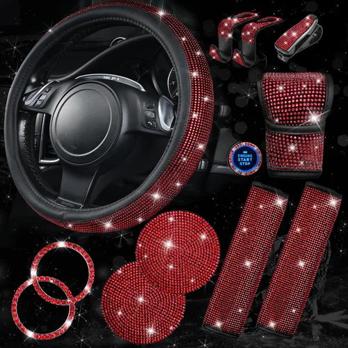 Miniatura 12 de CAR PASS Juego de fundas de asiento de coche con diamantes brillantes de 11 piezas, accesorios de coche con diamantes brillantes para mujer, funda
