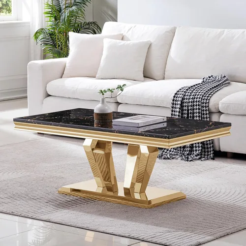 Miniatura 18 de SSLine Mesa de Centro Rectangular de Mármol Sintético para Sala de Estar, Mesa Central Moderna de Mármol Blanco de Lujo con Base Doble en Forma de U
