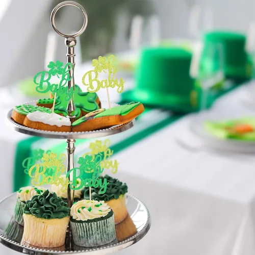 Miniatura 5 de Gyufise Paquete de 24 adornos para cupcakes del Día de San Patricio Lucky Oh Baby con decoraciones de cuatro hojas para pastel de baby shower de San