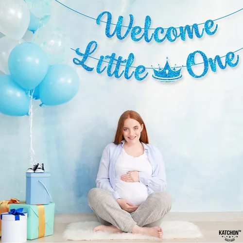 Miniatura 6 de KatchOn Cartel de bienvenida con purpurina Little One - Azul, 10 pies, sin bricolaje Cartel de bienvenida para decoración de baby shower para bebé