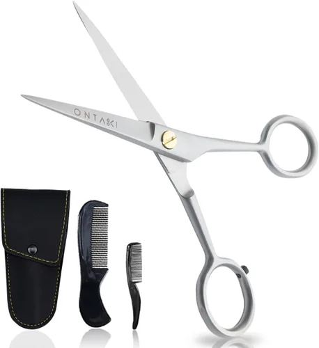 Ontaki Tijeras para recortar barba y bigote, 5 pulgadas, color plateado, paquete de 1, kit de cuidado de bigote con peine de viaje, bolsa de viaje