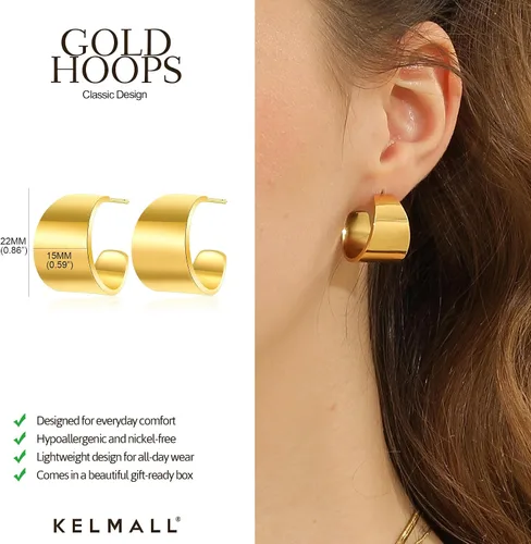 Miniatura 54 de KELMALL Aretes tipo argolla de oro de 14 quilates para mujer, hipoalergénicos, gruesos, redondos, no se deslustra, para orejas sensibles