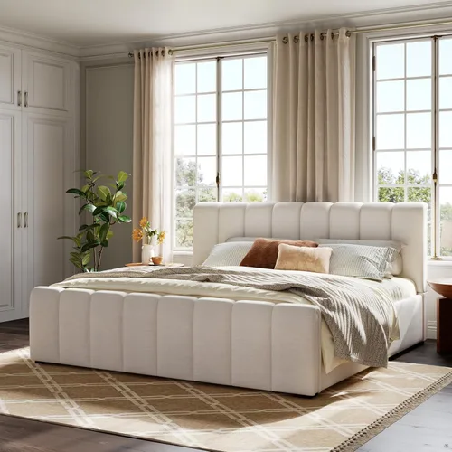 Miniatura 12 de Merax Cama de plataforma Boucle tamaño King con cabecero y estribo gruesos, marco de cama tapizado estilo bloque, color blanco