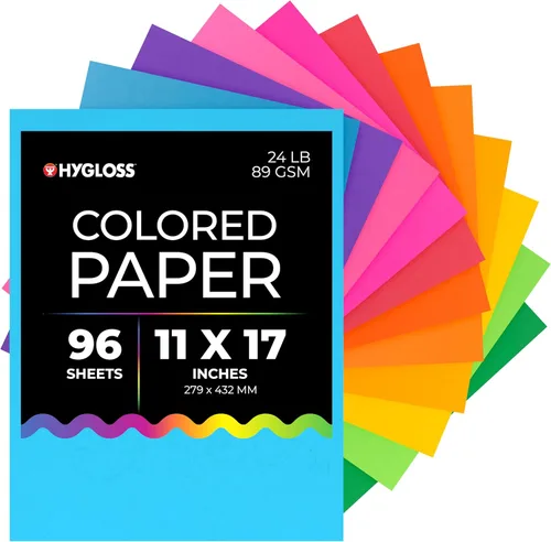 Hygloss Products Papel Surtido de Colores Brillantes - 24 lb, 89 GSM, Sin Ácido, Resistente a la Decoloración, Papel de Copia a Color Tamaño Ledger