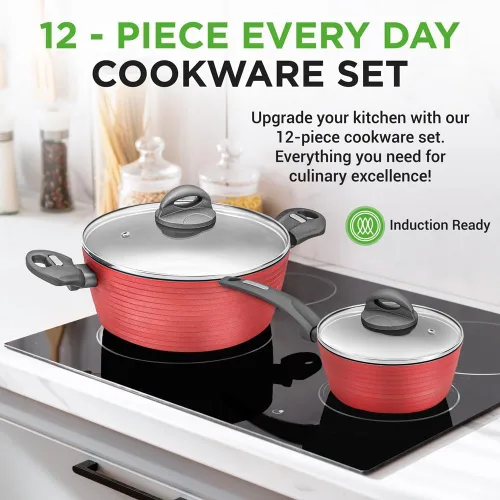 Miniatura 2 de NutriChef Juego de utensilios de cocina antiadherentes rojos profesionales de 12 piezas, sin PFOA/PFOS, laca resistente al calor, diseño elegante